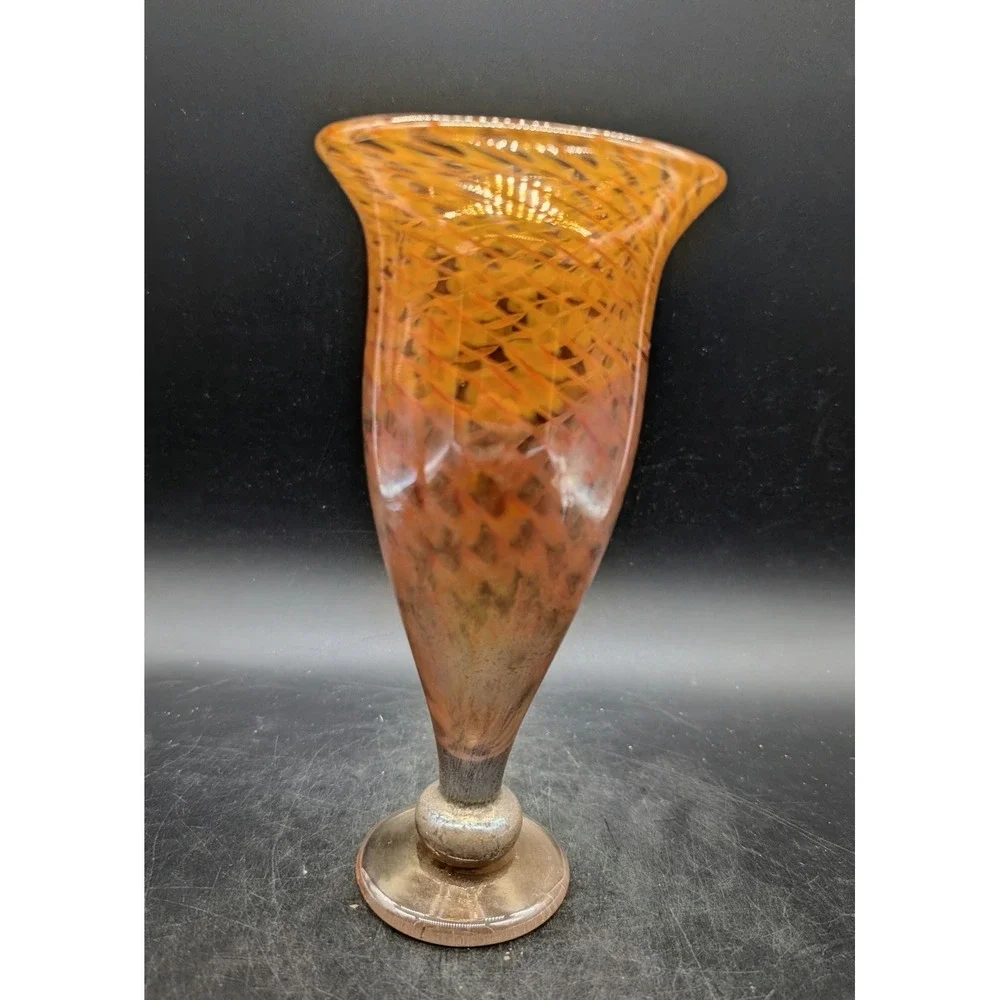 Artisan Hand Blown Amber Orange Swirl Art Glass Trumpet Vase Iridescent Signed